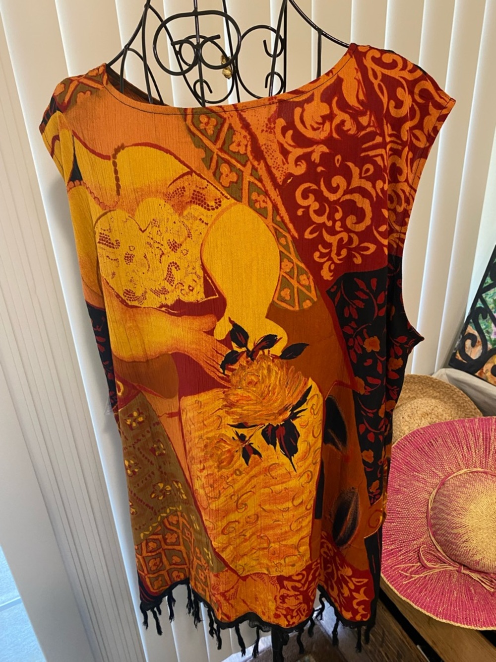 Sleeveless Orange & Rust Patchwork Tank Top with Fringe - Picture 9 of 9